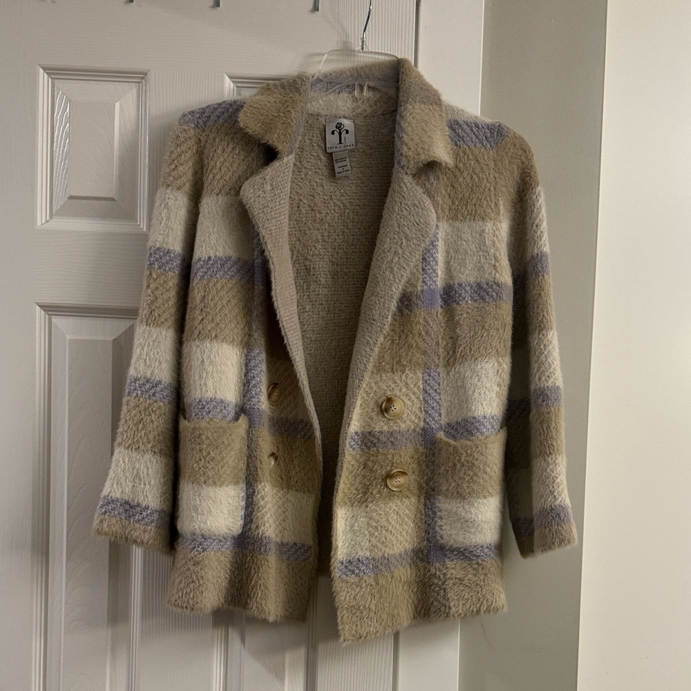 Plaid Faux-Shearling Double-Breasted Blazer Jacket - Cream & Taupe
